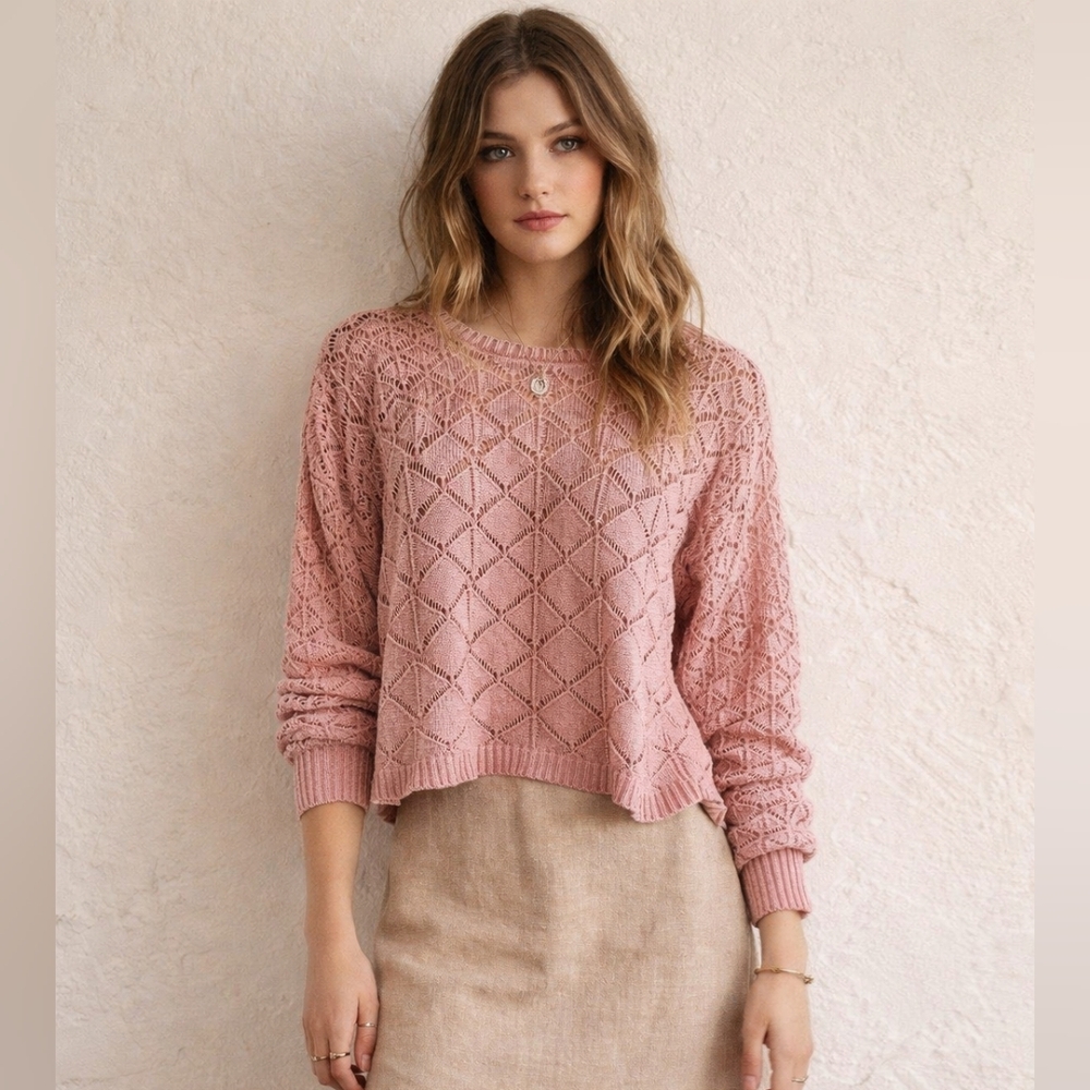 DR2 Raspberry Open Knit Sweater Acid Wash, Boho,  Lace Crochet Top, Oversized, S